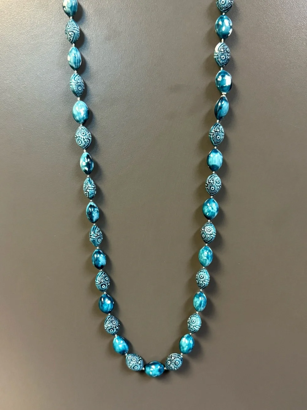 Blue Floral Ceramic Textured Bead 28” Necklace